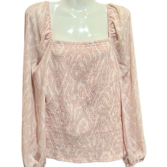 HALOGEN Blouse L Scrolling Pink Variegated Smocked Puff Sleeve Scrolling Fairy - Picture 6 of 12
